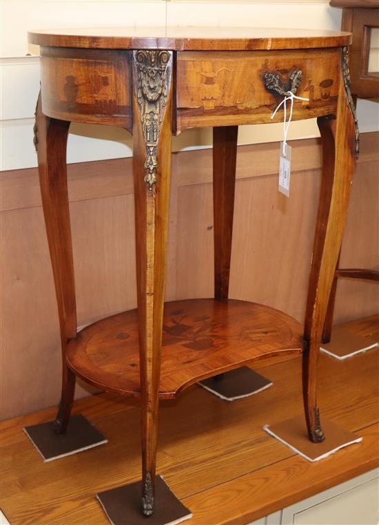 A Louis XV style parquetry inlaid gilt metal mounted two tier occasional table W.52cm